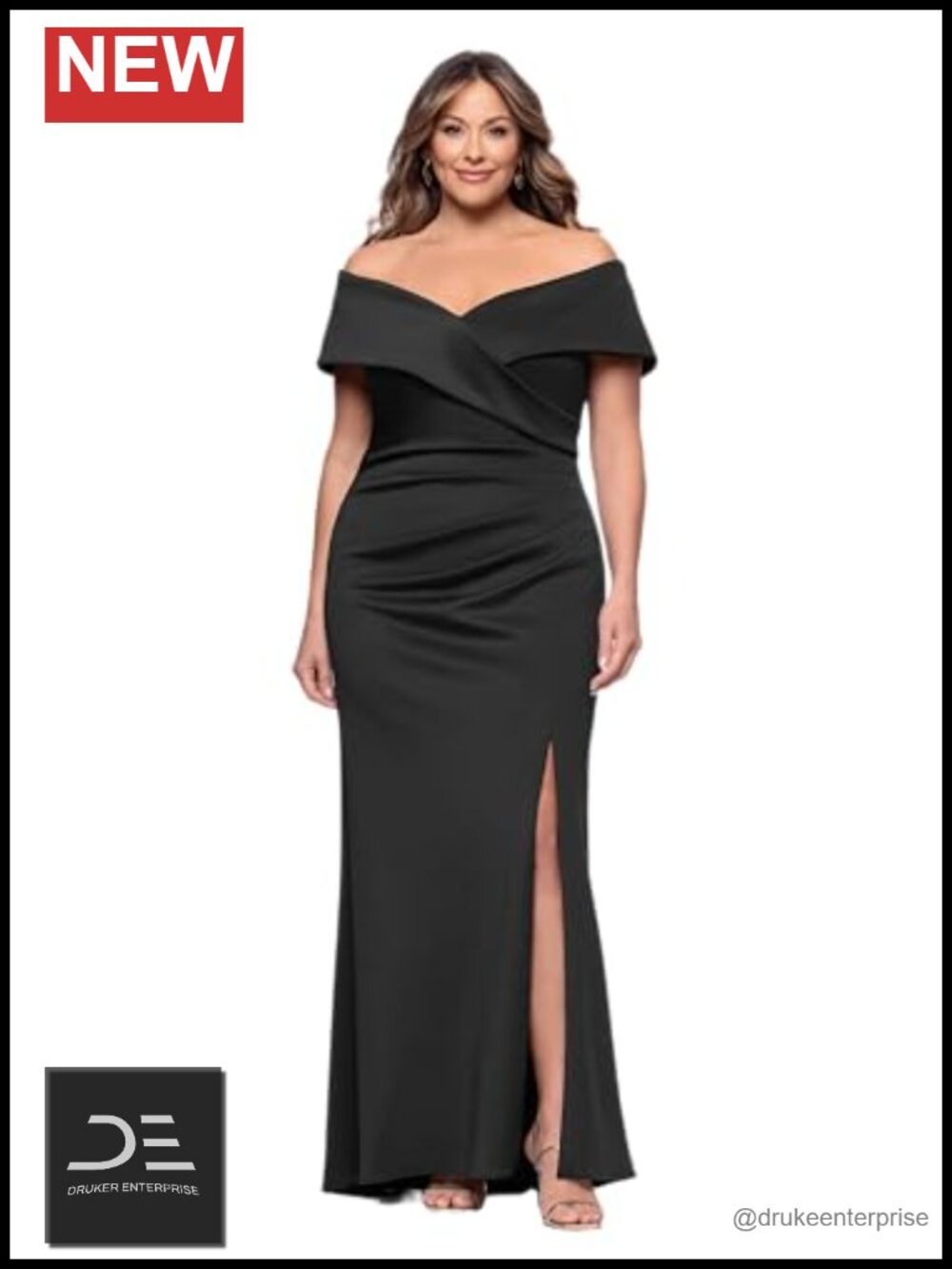 Scuba Off Shoulder Ruched Slit Floor Length Dress